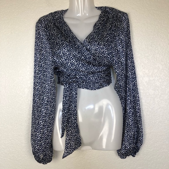 VICI Sheer Navy Polka Dot Metallic Thread Wrap Long Sleeve Blouse size Medium - Picture 9 of 12